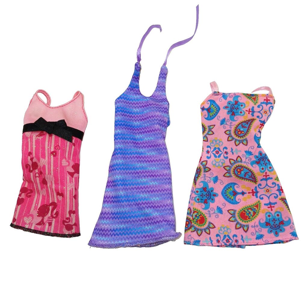 Lot of 3 Barbie Doll Dresses Pink & Purple One is Reversible Fit Standard Barbie